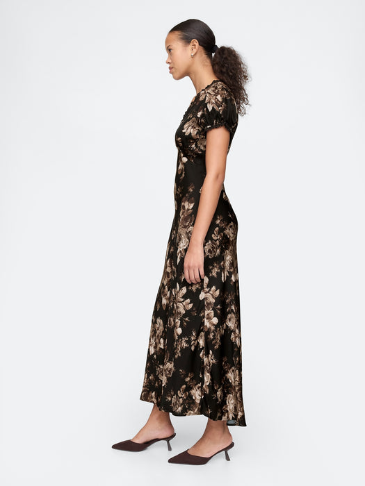 Satin Lace-Trim Floral Maxi Dress