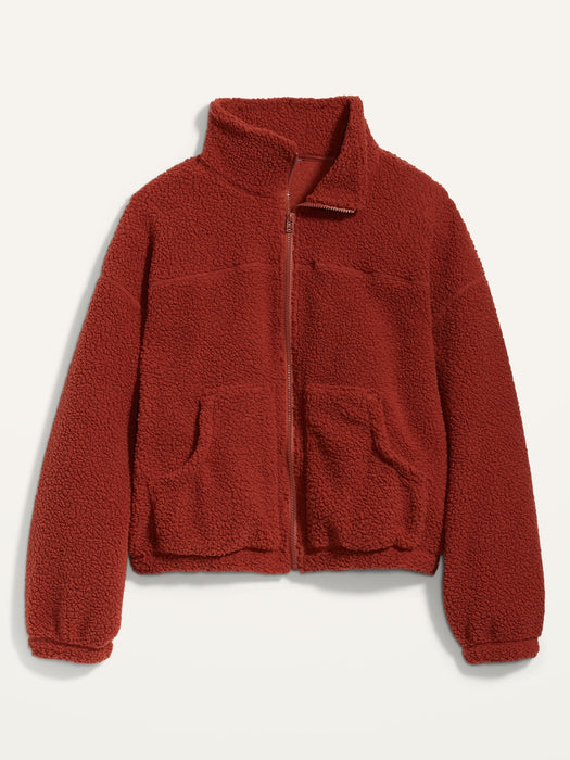 Slouchy Sherpa Zip Jacket for Women - Red