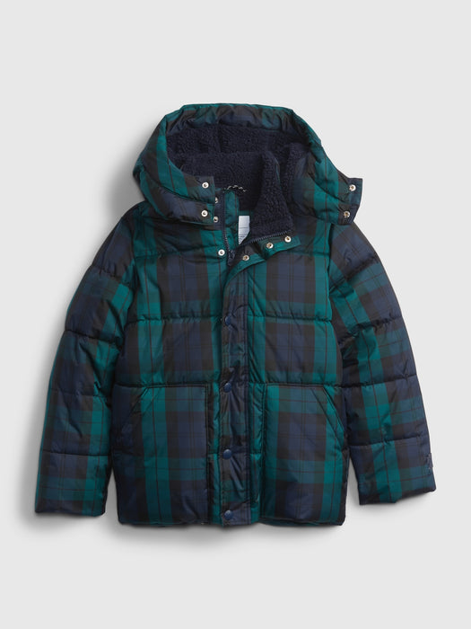 Kids Plaid Puffer Jacket - green blue plaid