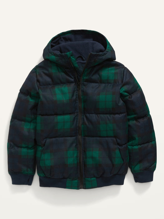 Frost-Free Textured Hooded Plaid Puffer Jacket For Boys