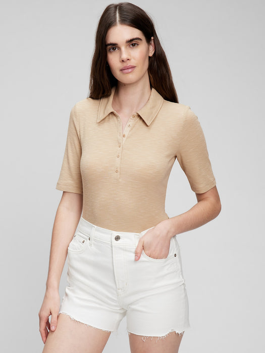 Ribbed Henley Polo T-Shirt - wicker beige