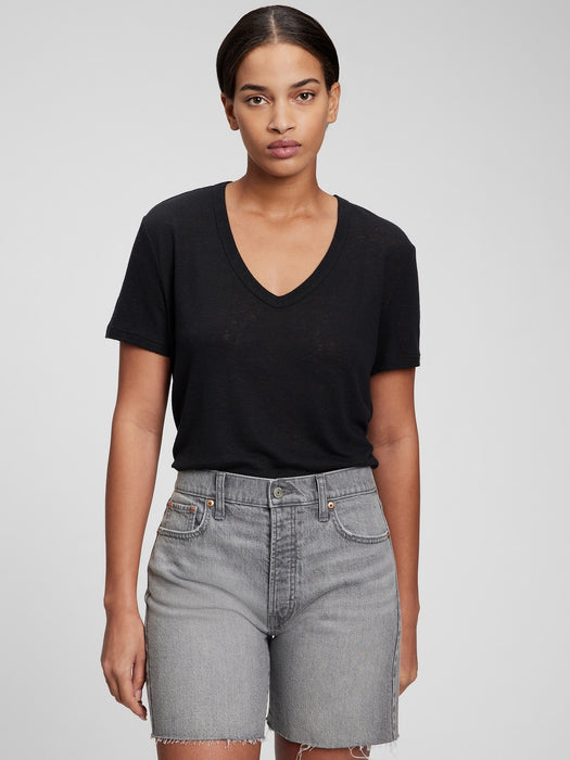 Linen Blend V-Neck T-Shirt - black