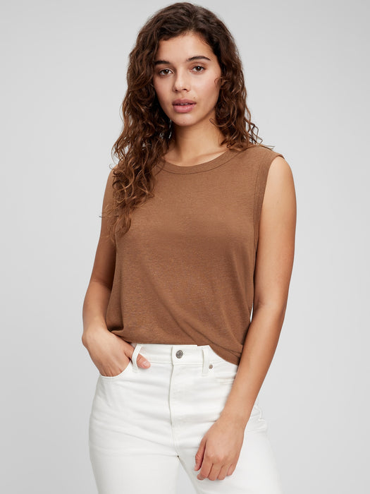 Linen Blend Muscle Sleeveless T-Shirt - brazen brown