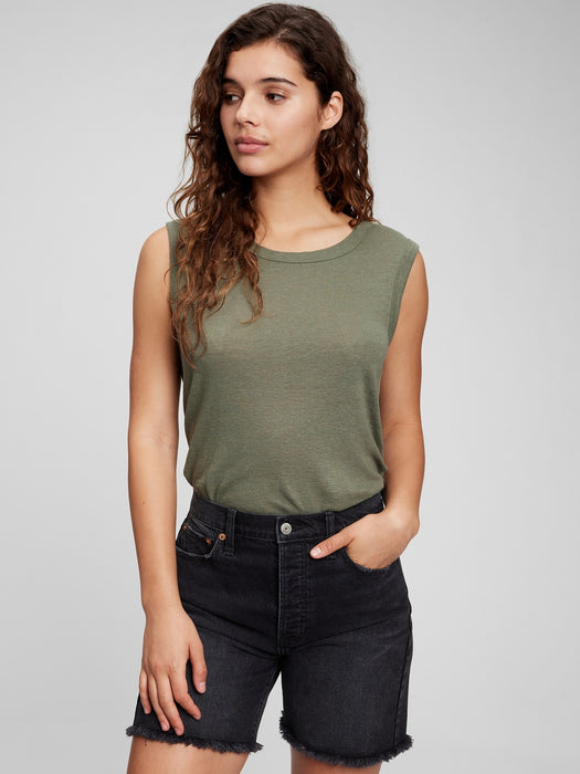 Linen Blend Muscle Sleeveless T-Shirt - mesculen green