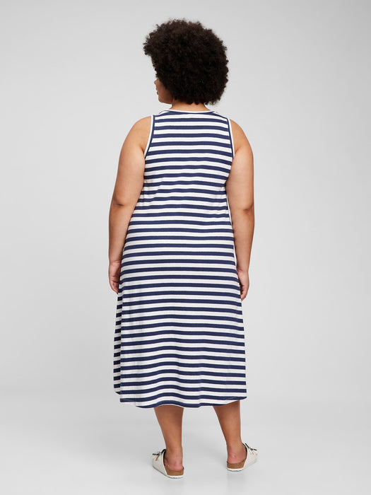 Linen Cotton Hi-Low Tank Dress - navy blue & white stripe