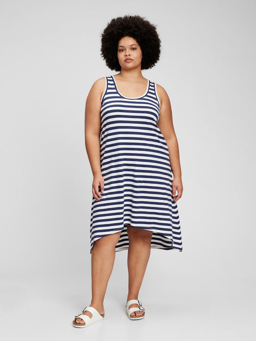 Linen Cotton Hi-Low Tank Dress - navy blue & white stripe