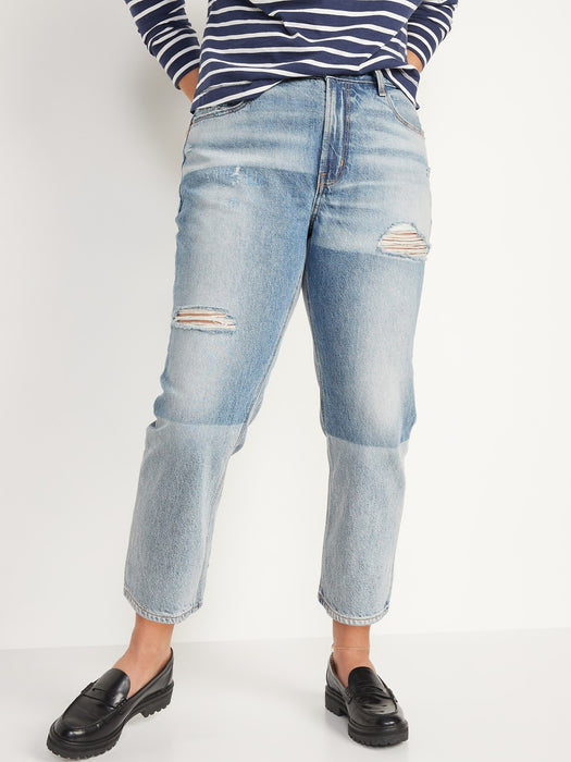 High-Waisted Slouchy Straight Cropped Ripped Non-Stretch Jeans for Women
