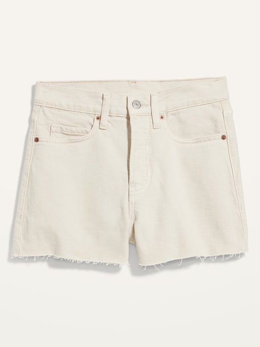 Higher High-Waisted Button-Fly Sky-Hi A-Line Ecru Cut-Off Jean Shorts for Women -- 3-inch inseam