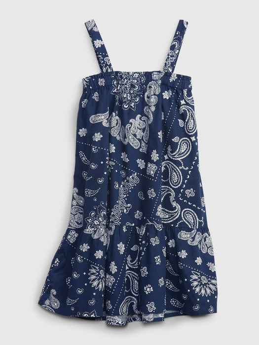 Kids Linen-Cotton Bandana Print Tiered Dress - bandana blue