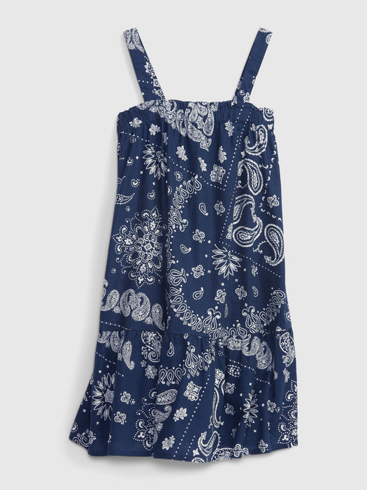 Kids Linen-Cotton Bandana Print Tiered Dress - bandana blue