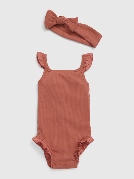 Baby Ribbed Shorty Outfit Set - cedar wood brown