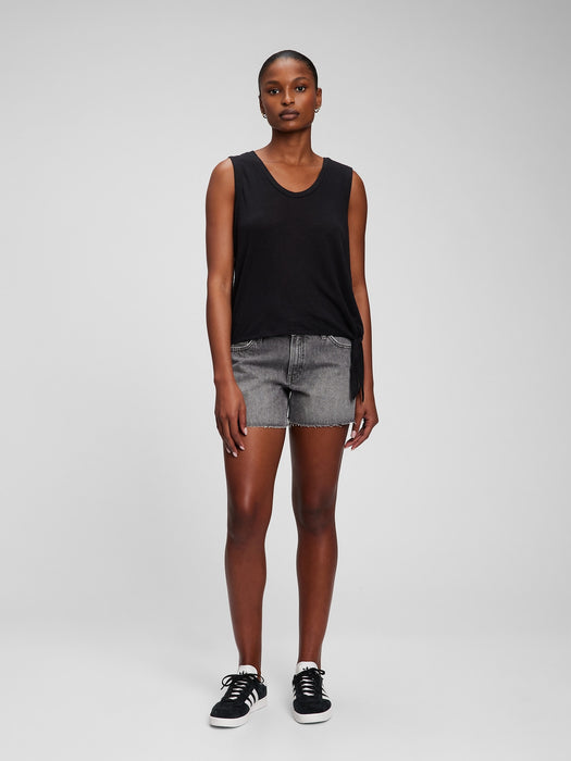 Linen Blend Side Tie Sleeveless T-Shirt - black