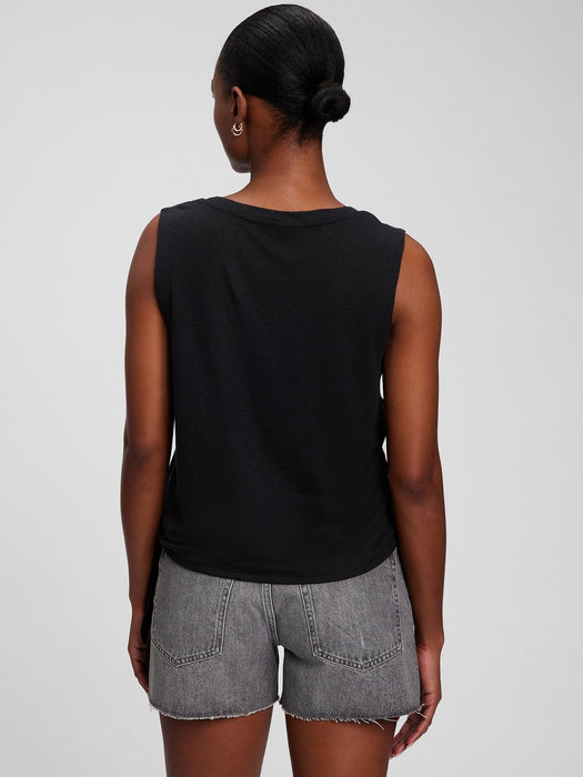 Linen Blend Side Tie Sleeveless T-Shirt - black