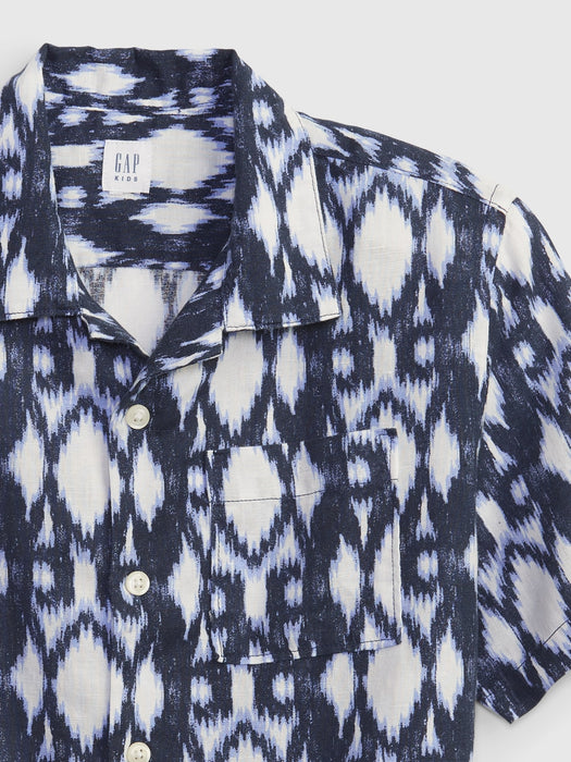 Kids Linen-Cotton Button-Down Shirt - blue spring ikat