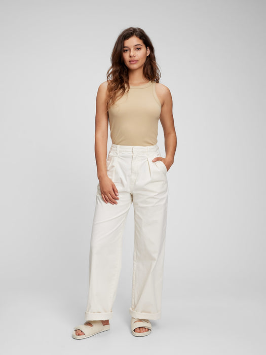 High Rise Pleated Wide-Leg Khakis with Washwell