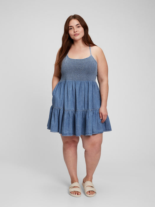 Denim Smocked Mini Dress - medium indigo