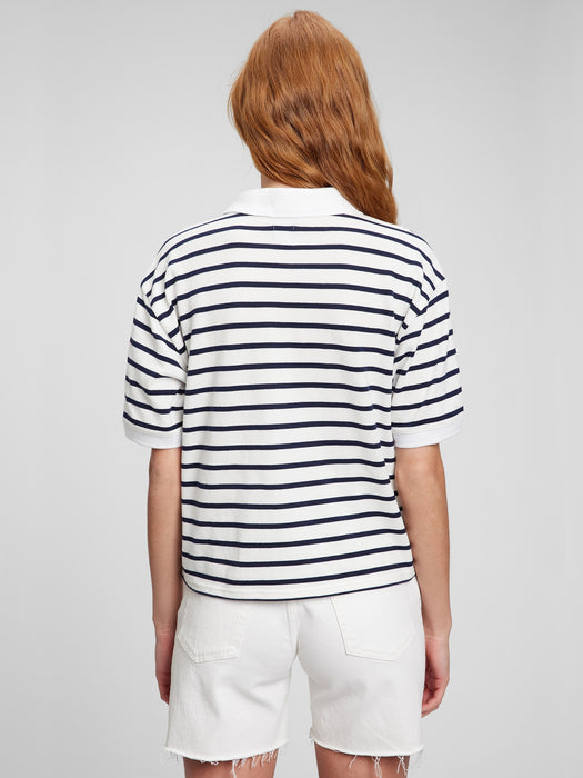 Cropped Pique Polo - white & navy blue stripe