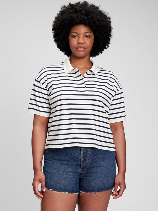 Cropped Pique Polo - white & navy blue stripe