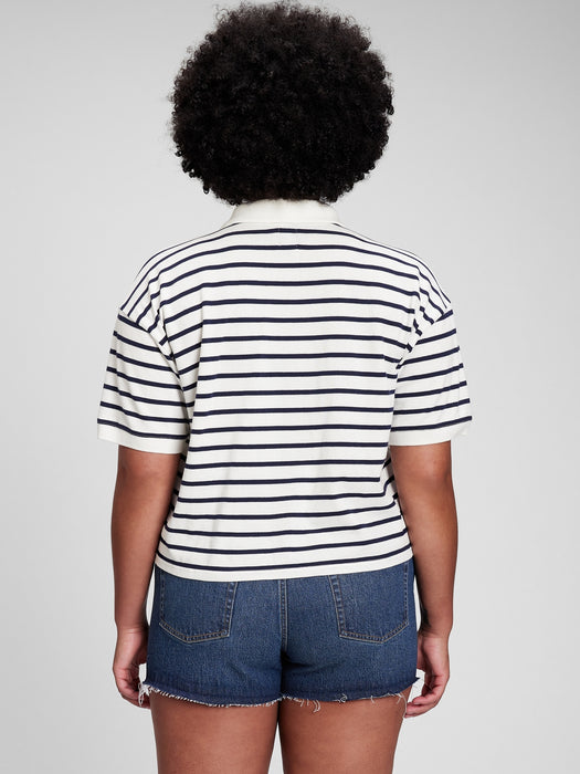 Cropped Pique Polo - white & navy blue stripe