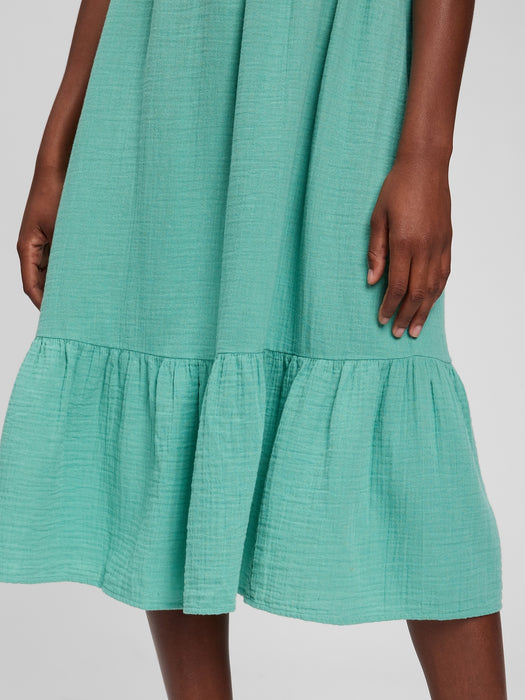 Crinkle Gauze Tie-Shoulder Tiered Midi Dress