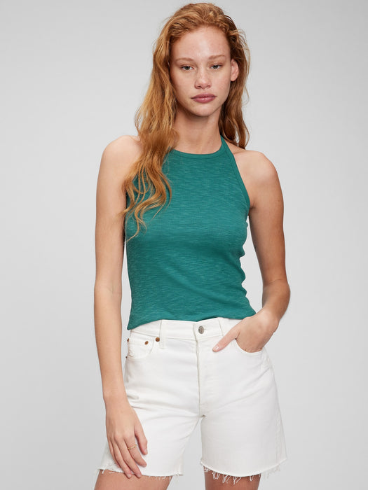 Tie-Back Cropped Halter Tank Top - jade stone green