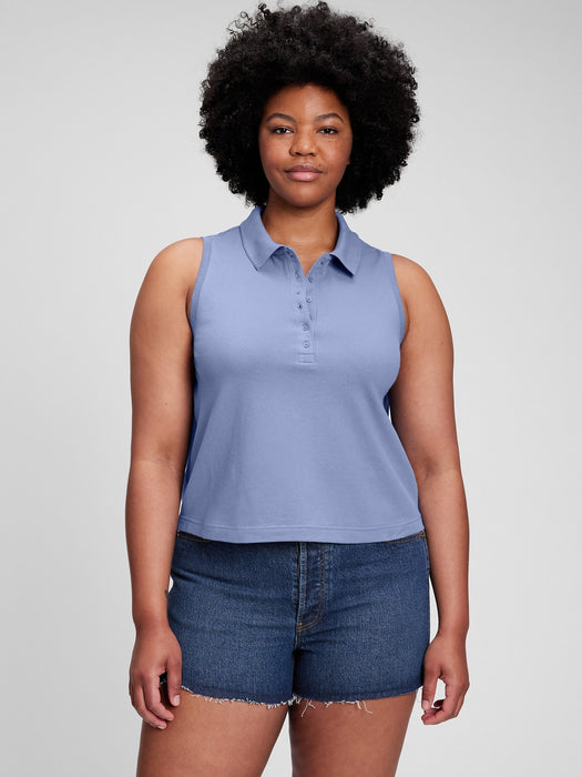 Sleeveless Cropped Pique Polo - larkspur blue