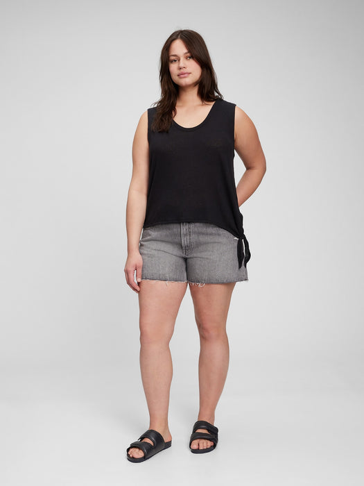 Linen Blend Side Tie Sleeveless T-Shirt - black