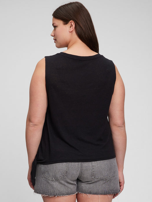 Linen Blend Side Tie Sleeveless T-Shirt - black