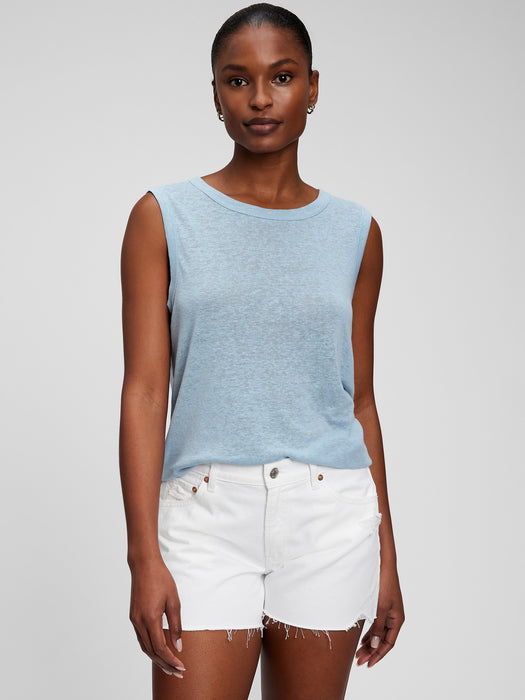 Linen Blend Muscle Sleeveless T-Shirt - blue ice