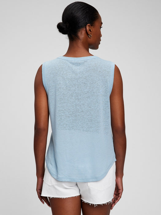 Linen Blend Muscle Sleeveless T-Shirt - blue ice