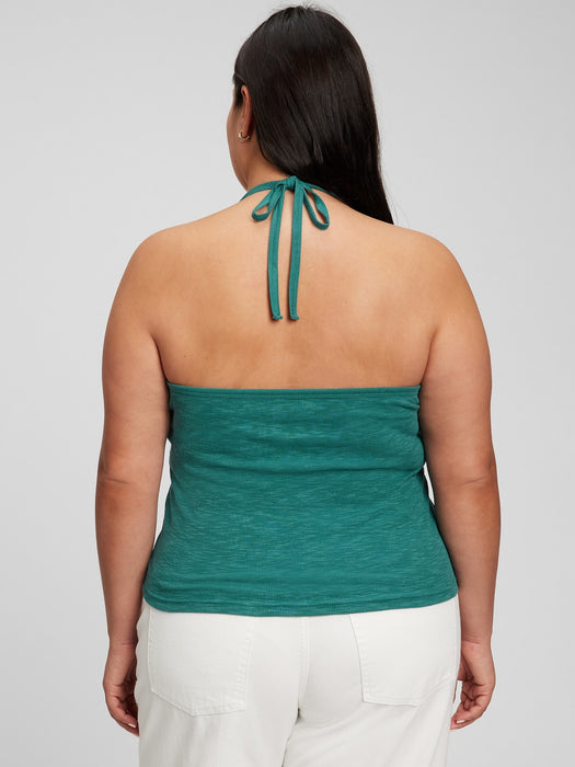 Tie-Back Cropped Halter Tank Top - jade stone green