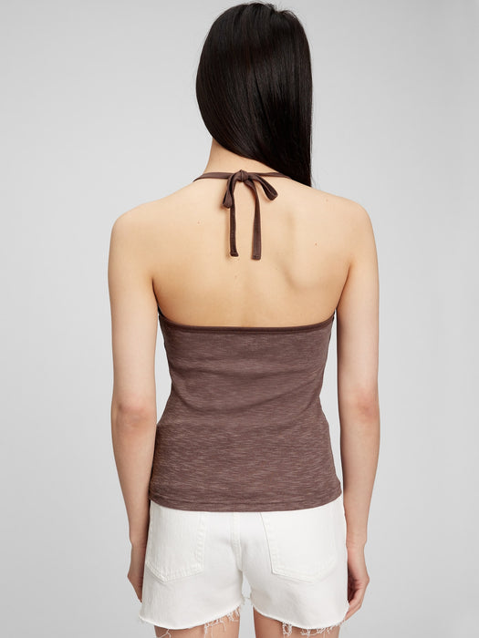 Tie-Back Cropped Halter Tank Top - peppercorn brown