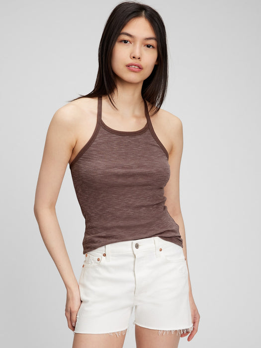 Tie-Back Cropped Halter Tank Top - peppercorn brown