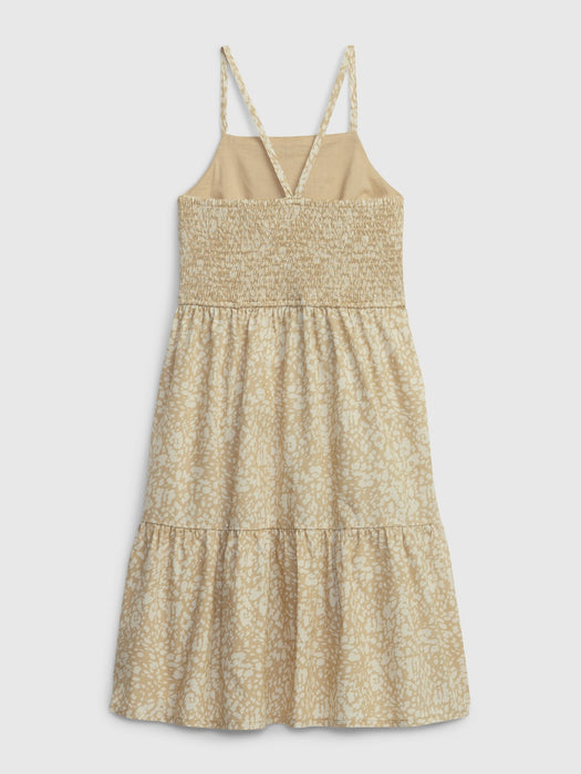 Kids Gauze Tiered Dress - khaki animal print