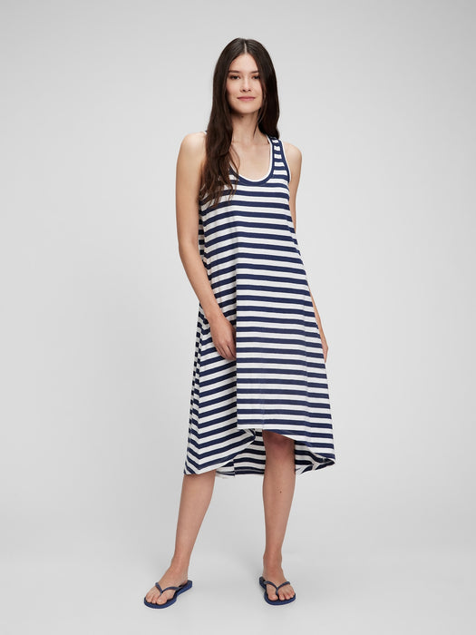 Linen Cotton Hi-Low Tank Dress - navy blue & white stripe