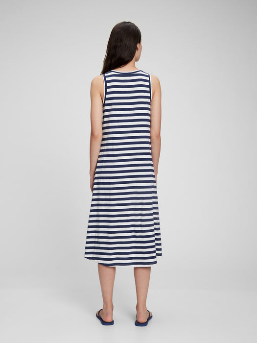 Linen Cotton Hi-Low Tank Dress - navy blue & white stripe