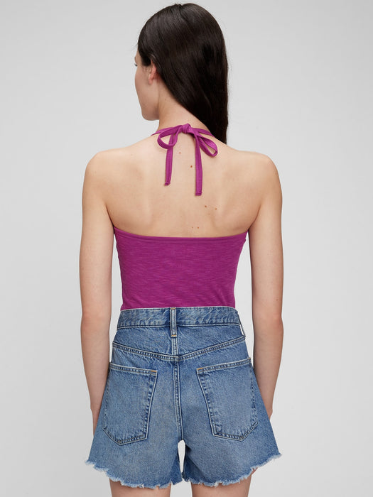 Tie-Back Cropped Halter Tank Top - rose pink verbana