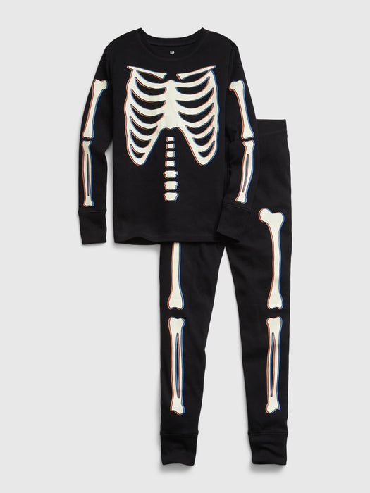 Kids 100% Organic Cotton Glow-In-The-Dark Skeleton PJ Set - true black