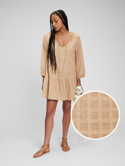 Tie-Front Tiered Mini Dress - golden khaki tan