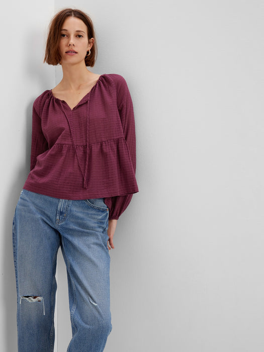 Tie-Front Peplum Top - plum purple