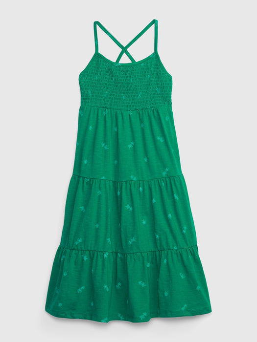 Kids Smocked Midi Dress - green palm print