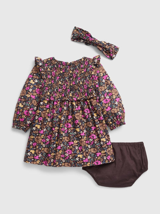 Baby Smocked Floral Dress Set - brown ditsy floral