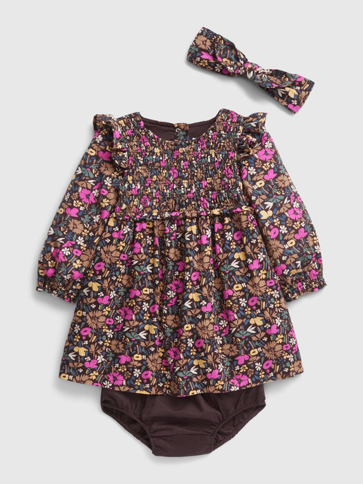 Baby Smocked Floral Dress Set - brown ditsy floral