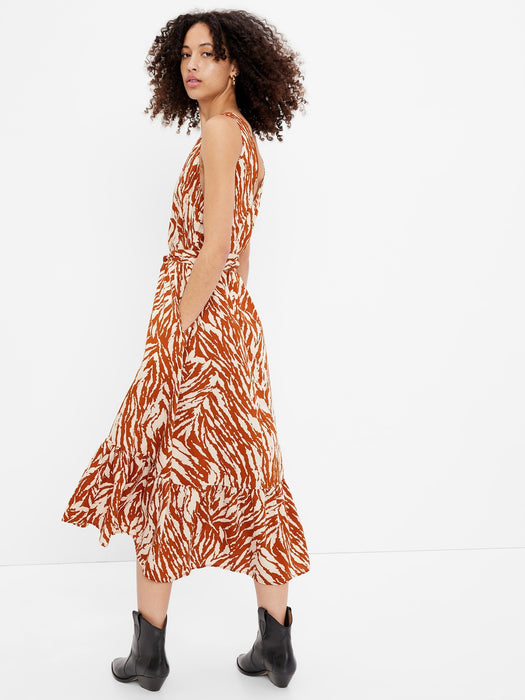 V-Neck Maxi Dress - brown zebra print