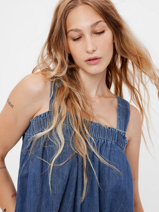 Denim Tie-Back Babydoll Tank Top with Washwell - medium indigo