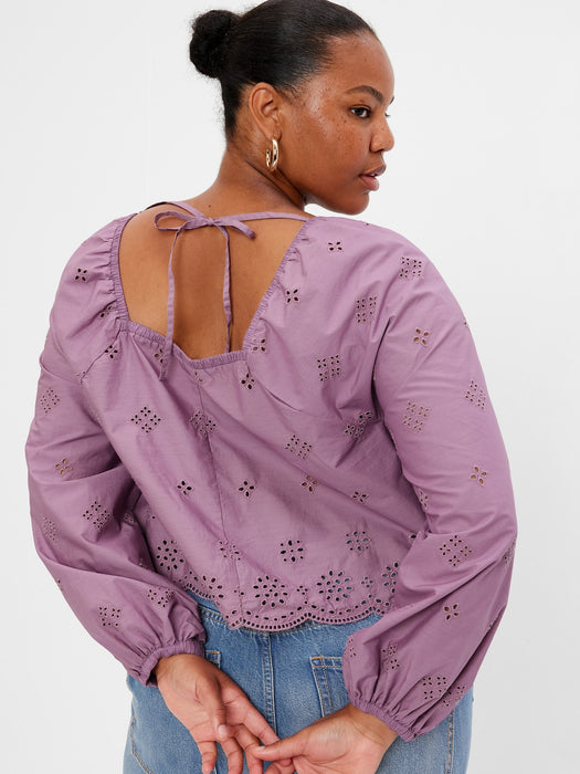 Balloon Sleeve Eyelet Top - amethyst purple