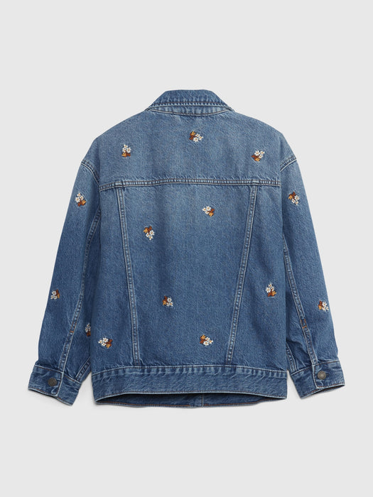 Kids Oversized Embroidered Denim Jacket with Washwell - dark wash