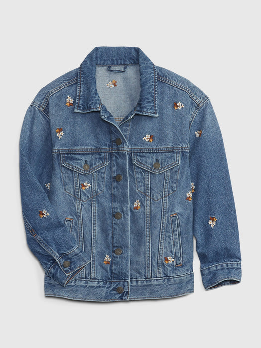 Kids Oversized Embroidered Denim Jacket with Washwell - dark wash