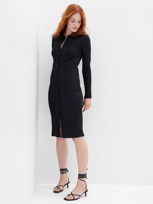 Rib Polo Midi Dress - black