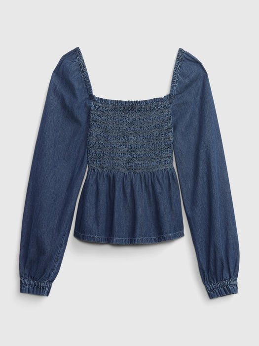 Denim Smocked Peplum Top with Washwell